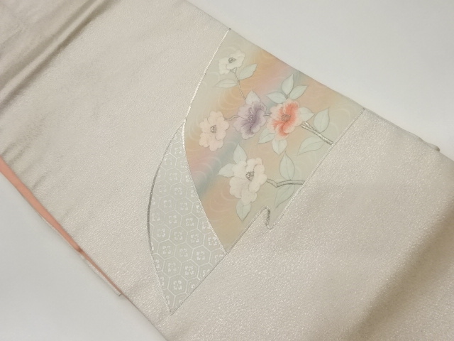 リサイクル　銀駒刺繍流水に花々・亀甲模様名古屋帯